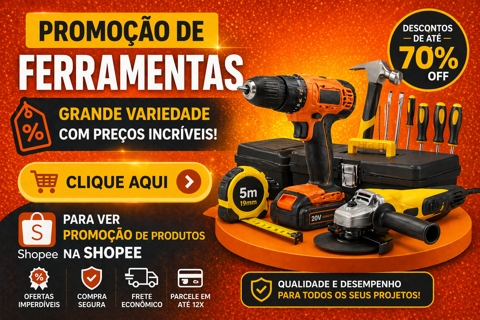 Ferramentas elétricas variadas com descontos de até 70% na promoção.